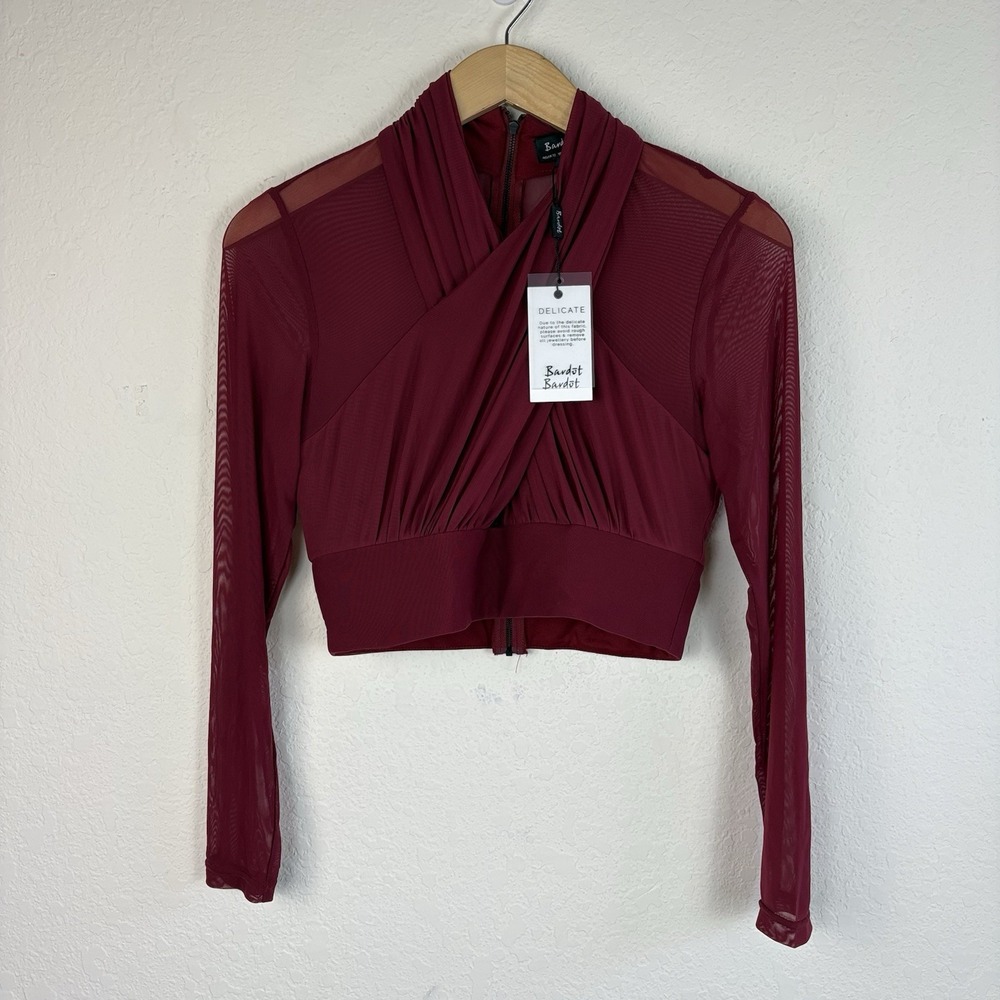 Bardot M Allure Top Mesh Long Sleeve Crop Twist Front Red Burgundy Chic Sheer